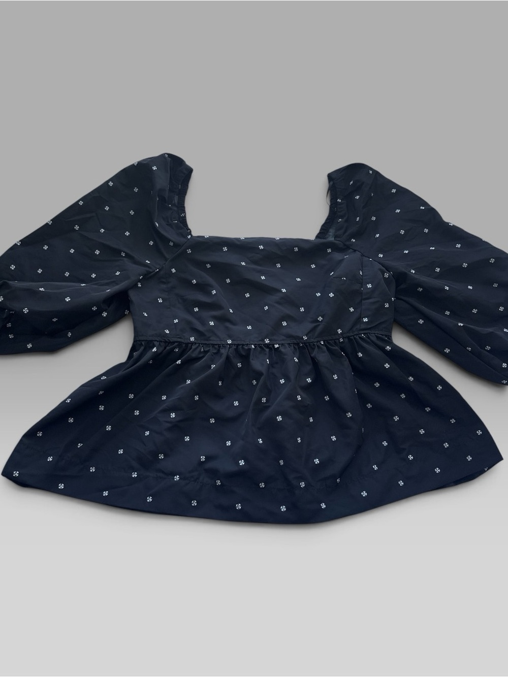 Square-Neck Navy Puff-Sleeve Peplum Blouse